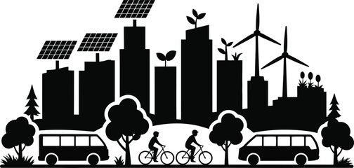 Solid Black Eco Friendly City Skyline Silhouette with Solar Roofs and Bicycles Icon