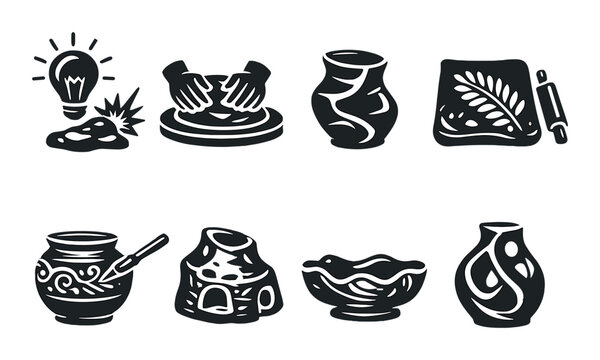 Pottery craft icons: hands on clay, vases, and decorating tools - Powered by Adobe