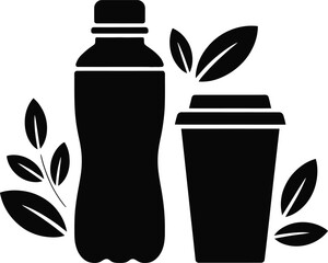 Solid Black Reusable Water Bottle and Coffee Cup Silhouette Sustainable Lifestyle Icon