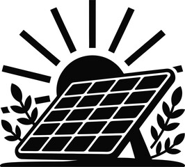 Black Filled Solar Power Panel with Sunlight and Leaf Symbol Clean Energy Silhouette