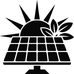 Solid Black Solar Panel with Sun Rays and Leaves Silhouette Icon for Renewable Energy