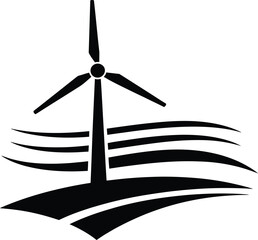 Solid Black Wind Turbine Silhouette on Hill with Flowing Wind Lines Renewable Energy Icon