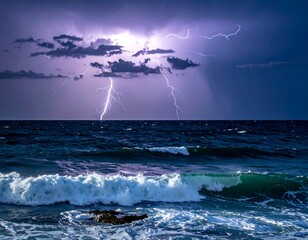 Dramatic view of ocean with lightning strikes in stormy sky