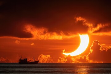 Partial solar eclipse over a body of water. Silhouette of a ship
