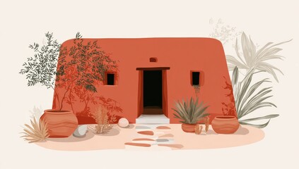 Terracotta house with desert plants