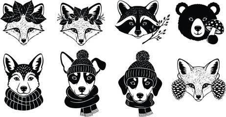 Black and white vector art of foxes raccoon bear and dogs faces adorned with winter hats scarves leaves and pine cones in detailed linework style