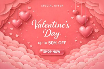 Valentines Day special offer banner with hanging hearts clouds and shop now button
