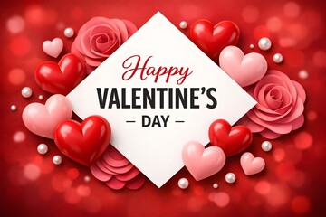 Valentines greeting banner with white label surrounded by roses hearts and pearls