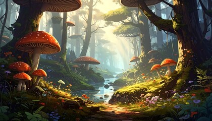 Enchanting forest scene with giant mushrooms, sunlight and a stream