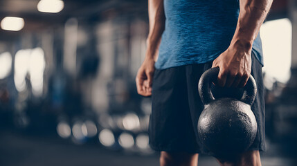 Focused athlete in a gym, holding a kettlebell. Intense concentration as he prepares for a powerful workout. Strength, determination, fitness, and healthy lifestyle.