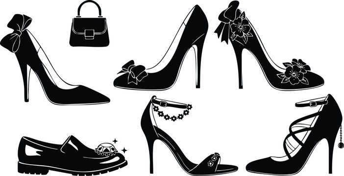 Black silhouette elegant high heel shoes with bows floral decorations ankle straps and shiny loafer shoe with jewel detail and one classic handbag