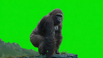 A giant gorilla sitting on a rocky outcrop in a mountainous landscape against a green screen background.
