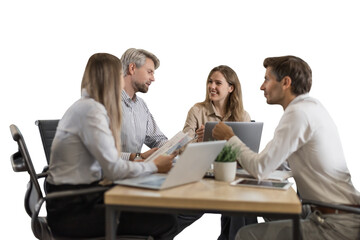 Group of confident business people in smart casual wear working together while sitting at the desk on a transparent background