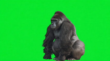 A western lowland gorilla sits on a green screen background looking sideways