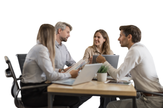 Group of confident business people in smart casual wear working together while sitting at the desk on a transparent background - Powered by Adobe