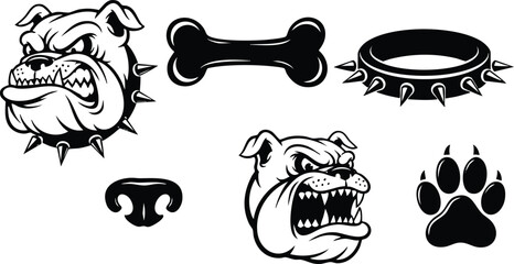 Black and white vector art showing fierce bulldog heads with spiked collars aggressive teeth snarling dog nose bone and paw print icon set in minimalist style