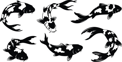 Black and white vector art showing six koi fish in various swimming poses detailed illustration with traditional japanese style and smooth flowing fins in balanced composition