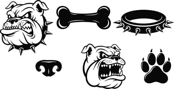 Black and white vector art showing fierce bulldog heads with spiked collars aggressive teeth snarling dog nose bone and paw print icon set in minimalist style