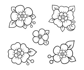 Set of Mehndi flower pattern for Henna drawing and tattoo. Decoration in ethnic oriental, Indian style. Doodle ornament. Outline hand draw vector illustration.