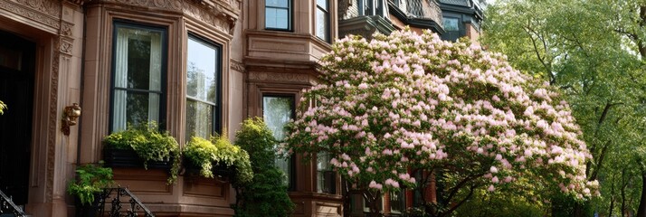 Charming brownstone homes with blossoming pink tree in urban setting