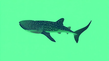 A large whale shark swims underwater in the ocean with a green background.