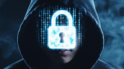 A person in a hoodie with a digital lock symbol on their face, representing security and protection in a dark environment - Powered by Adobe
