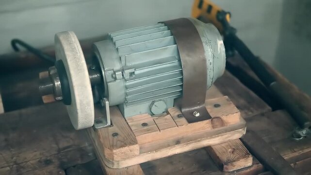 On an old workbench the sharpening and grinding machine in good condition with white grindstone. Closeup. Shot in motion   
