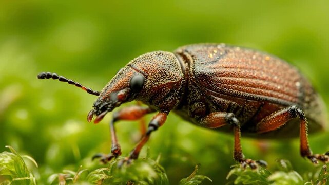 A close-up view of a brown weevil insect with detailed texture crawling on green moss