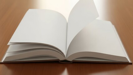 Open book on wooden table with blank pages.