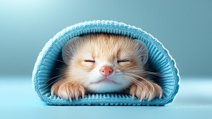Cute sleeping kitten in a cozy blanket.