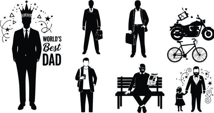 Silhouette vector art collection showing men in suits and casual clothes with accessories motorcycle bicycle bench newspaper father and daughter world best dad crown design - Powered by Adobe