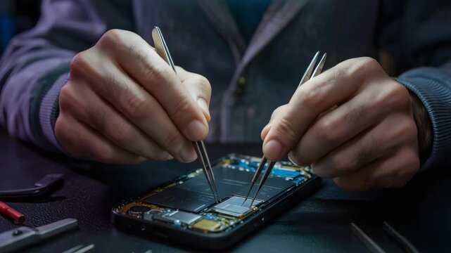 Technician repairing smartphone with tweezers and tools on workbench