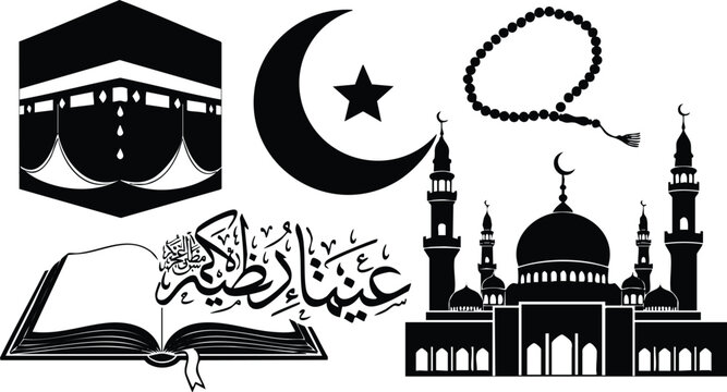 Black silhouette vector art of kaaba mosque crescent star and prayer beads with open holy book islamic calligraphy eid al adha symbols in minimalist style