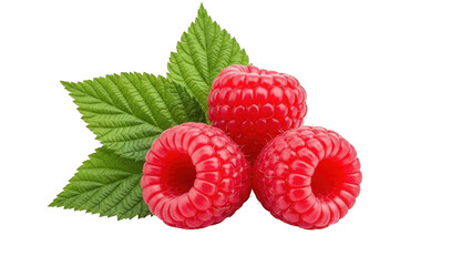 Three Ripe Red Raspberries with Green Leaves isolated on a transparent background raspberry