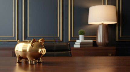 A shiny golden piggy bank sits on a wooden table in a stylish office, featuring elegant decor, a lamp, and a small plant in the background.