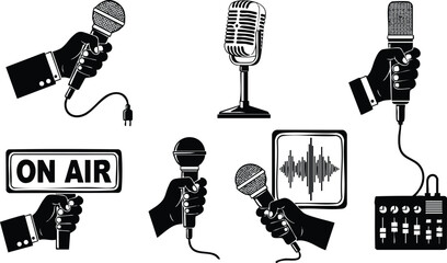 Black silhouette hands holding different microphone types with audio wave and on air sign audio recording broadcasting symbol set