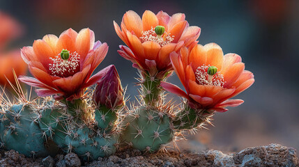Cactus flowers in desert close-up, vibrant petals emerging from arid spiny plant, sunlight illuminating textures, desert ecosystem, detailed natural scene, striking contrast between green cacti and 