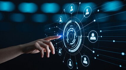 Person interacting with futuristic network interface in dark room