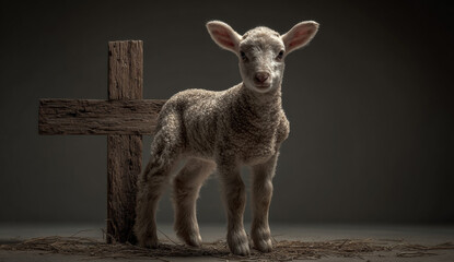 Adorable young lamb with soft, curly wool standing in front of a rustic wooden cross