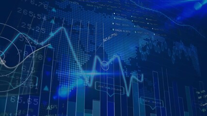 Animation of financial data processing with statistics over world map - Powered by Adobe