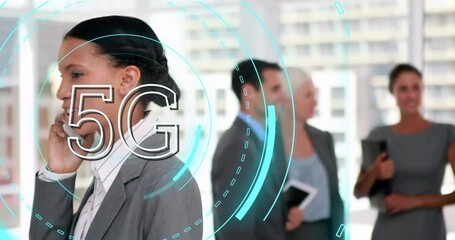 Animation of 5g over businesswoman using smartphone in office - Powered by Adobe