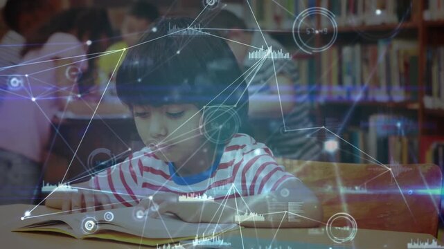 Animation of network of connections over diverse schoolchildren in library