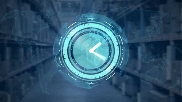 Animation of clock moving over blue warehouse