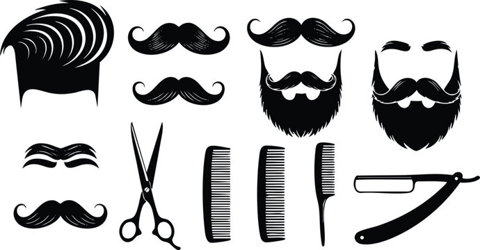 Black silhouette collection of mustache beard hairstyle scissors comb and razor blade grooming tools set in classic vector art style for mens barber vintage design