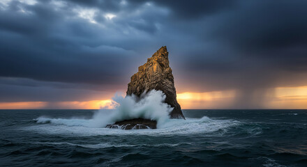 Majestic rock formation in a stormy sea with crashing waves at sunset. Perfect for nature, travel, and inspirational concepts.