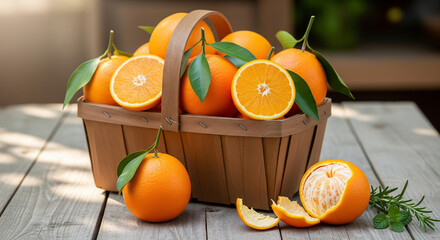 Woven basket filled with fresh ripe oranges and leaves on a rustic wooden table. Ideal for healthy food concepts, nutrition blogs, and grocery ads.