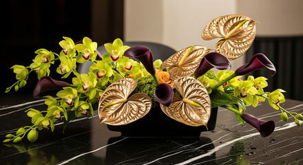 Elegant floral arrangement with gold anthuriums and orchids on black marble. Perfect for luxury event planning, florist marketing, and interior design.