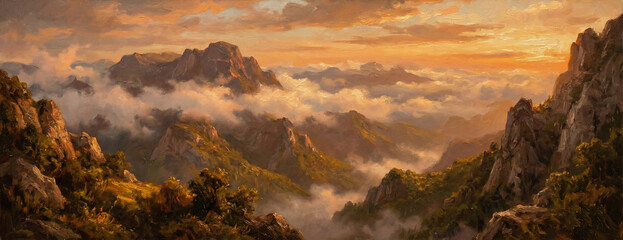 Oil painting style landscape of mountains at golden sunset. Perfect for wall art, classic design elements, and backgrounds.