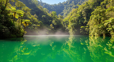 Emerald green lake surrounded by lush rainforest and mist. Suitable for travel brochures, eco-tourism, and nature relaxation content.