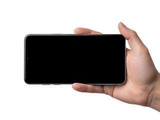 Mockup of a hand holding a black smartphone device on white background